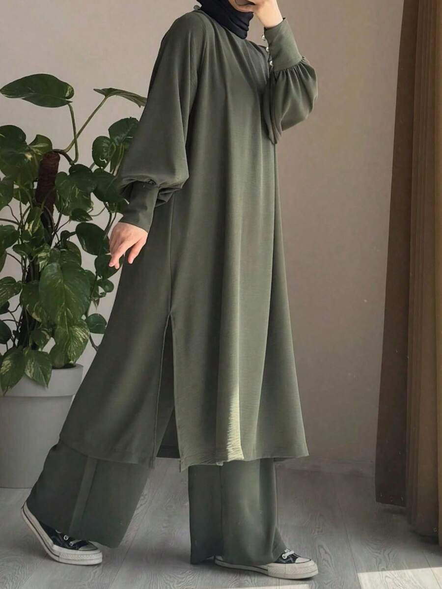 大码女士优雅阿拉伯风格圆领灯笼袖长款宽松直筒束腰上衣套装 - 新綠色 - 查看 1