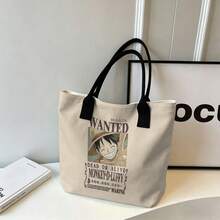 Miniso Túi tote vải canvas in hình "Truy nã sống hoặc chết Monkey D. Luffy" trong One Piece, màu be, thích hợp sử dụng hàng ngày. - màu đen - Xem 1
