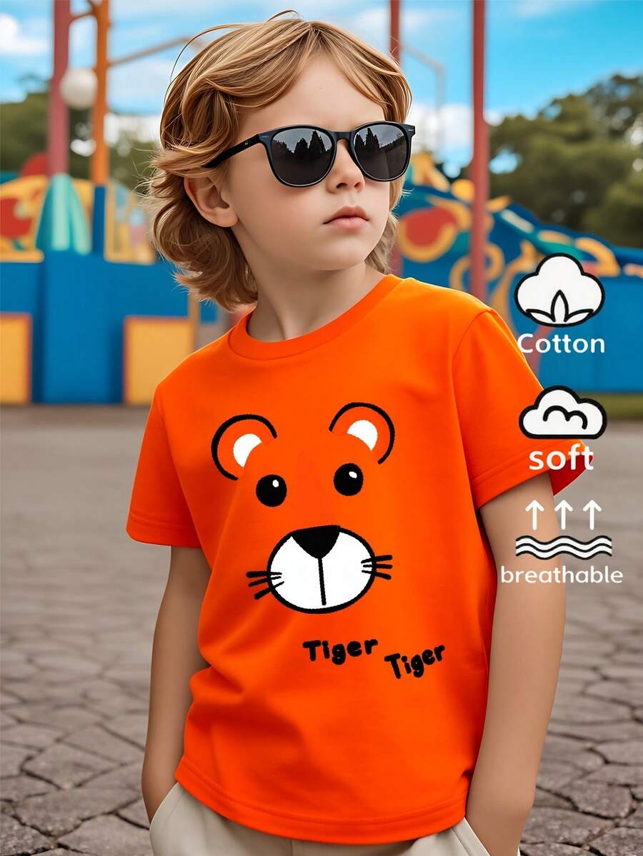 Boys' 100% Casual Short-Sleeve T-Shirt With Tiger Face Print – Fun Summer Design, Machine Washable, Regular Fit For Casual Wear, Playful Fashion For Boys, Comfortable Children's Clothing, Fun Print, Breathable Fabric, For Toddlers - 橘色 - 查看 1