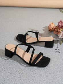 Chaussures à talons hauts blancs, sandales pour femmes, chaussures d'été, mules, sandales pour femmes, chaussures à talons épais, sandales élégantes à talons hauts blancs avec fine lanière, bout carré, sandales à bride de cheville - Noir - Voir 3
