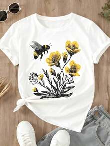 Comfortable For All-Day Wear. This Women's Casual T-Shirt Features A Relaxed Fit, A Round Neck, And Short Sleeves. Its Bee And Yellow Flower Print Makes It Ideal For Spring And Summer Outings And Everyday Wear. The Comfortable, Relaxed Fit Flatters All Body Types, While The High-Quality Material Feels Soft Against The Skin And Offers Durability. - 白色 - 查看 4