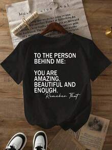 Impressive Slogan "You're Amazing, Beautiful, And Unique Enough To Remember It." Women's Letter Print Crew Neck T-Shirt - Urban Vintage Style, Unisex, Loose Fit, Cotton, Short Sleeves, Crew Neck. Blouses For Women. Casual Blouses For Ladies. - 黑色 - 查看 3