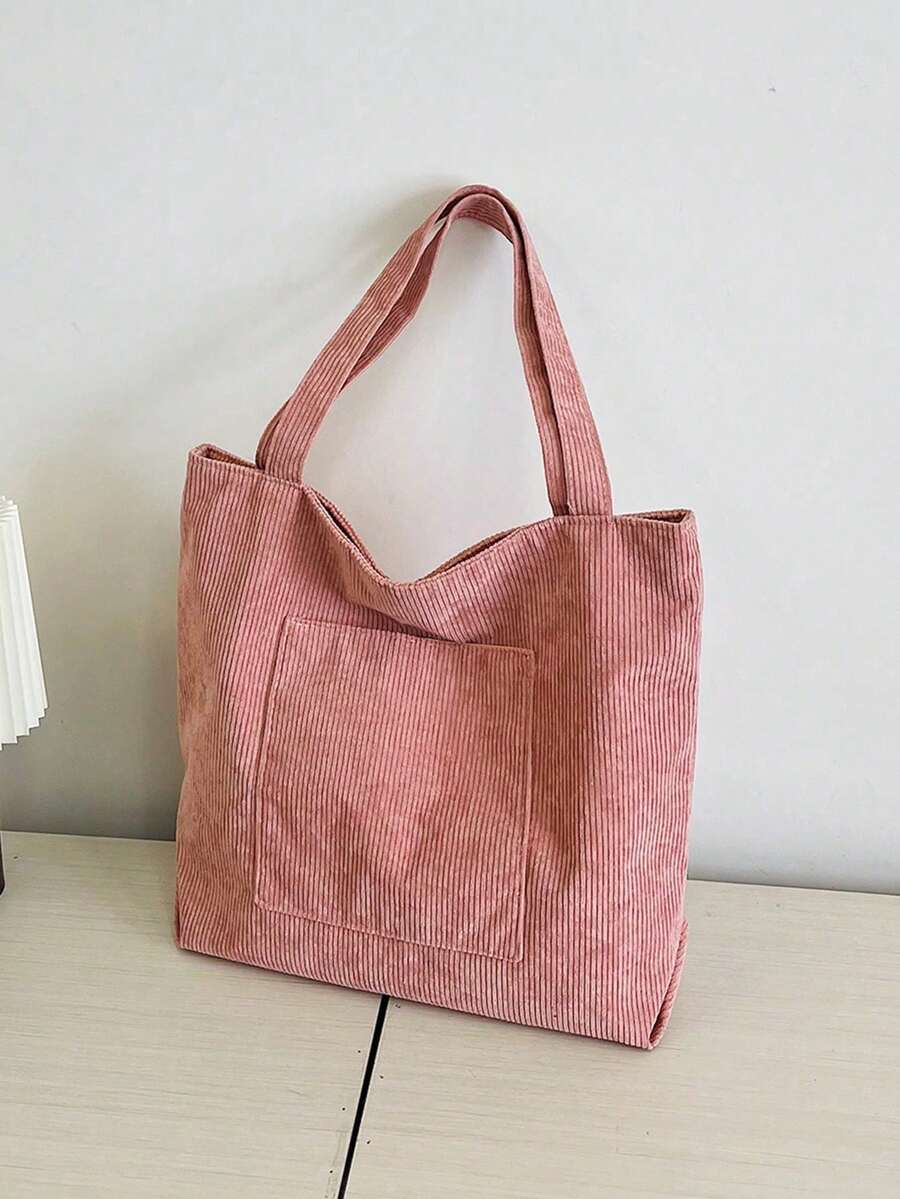 Solid Color Men's Casual Tote Bag, Striped Large Capacity Canvas Shoulder Bag,Beach Bag,Y2k - Pink - View 1