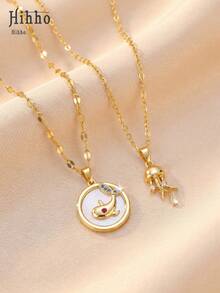 Hihho 2pcs/Set Ocean Theme Jellyfish & Whale Double-Layer Necklace, Versatile For Commute And Vacation, Soothing Ocean Style Gift For Sisters Who Love Vacation And Fresh Aesthetics - Clavicle Chain - View 3