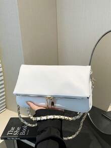 冬季新款經典PU防水皮革紋長肩背包斜背包，不對稱翻蓋設計錢包，適合女性日常購物與通勤 - 白色 - 查看 7