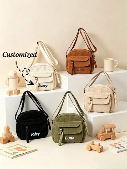 Bolso bandolera de pana bordado personalizado - Bolso de hombro casual personalizable con correa ajustable y cremallera tejida, disponible en varios colores, regalo perfecto para ella