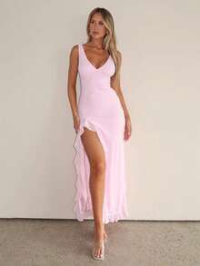 Elegant European-Style V-Neck Slip Dress With Ruffles And Slit, Perfect For Summer Vacation - Pink - View 2