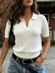 Women's Spring/Summer Series Cable Knit Pattern Turn Collar Short Sleeve Knit Top, Versatile Everyday Top White - White - View 8