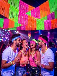 3 Packs Glow In The Dark Party Supplies, 118inch UV Black Light Fluorescent Fringe Garland For Neon Birthday Rave Disco Decorations Photo Booth Backdrop Halloween Table Skirt Decoration - View 5