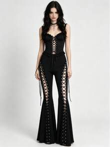 Gothic Lace Flared Pants Are A Must-Have For Women's High-Waisted Y2K Women's Retro And Sexy Slimming Pants In Fashionable Outfits, Festival Streetwear Fashion Must-Have - màu đen - Xem 2