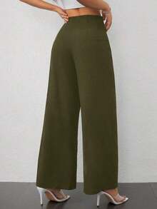 PETITE Pantalones anchos de cintura alta con textura, moda casual sencilla para la temporada de vuelta al colegio, estilo de dinero viejo para ir y venir - Verde militar - Ver 2