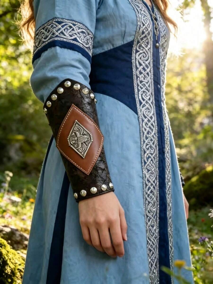 1pc Nordic Viking Rivet Faux Leather Arm Guard, Medieval Wristband With Badge, Suitable For Renaissance Festivals And Cosplay - A - View 1