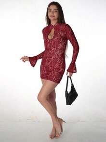 Spring Party Dress: Fitted Mini, Flared Sleeves And Hollow Lace Details – Elegant Look - 波爾多 - 查看 7