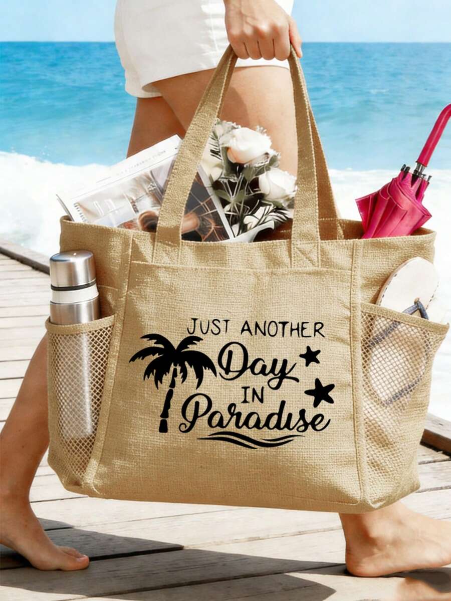 Set 1/2/3 buc. geantă tote Paradise Beach pentru femei, din in și pânză, cu capacitate mare, geantă de umăr cu buzunar de plasă, husă de machiaj și cutie cosmetică asortată, ușoară și reutilizabilă, cu imprimeu tropical de coastă, esențială pentru vacanță de vară, călătorii, croazieră, piscină, cumpărături și uz zilnic, cadou stilat pentru mame, fete, domnișoare de onoare și călători, pentru Ziua Mamei, aniversări, lună de miere și vacanțe de vară - Multicolor - View 1