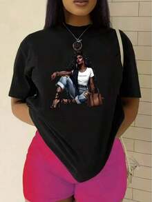 Camiseta Casual para Mujer con Estampado de Trenzas y Bolso, Ideal para Uso Diario y Ocio - azul real - Ver 5