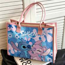 Miniso Túi tote Disney Stitch & Angel, họa tiết hoạt hình dễ thương với viền hồng, túi đeo vai bằng vải canvas dung tích lớn, thích hợp đi mua sắm, đi học, đi làm và du lịch. - Hồng - Xem 1