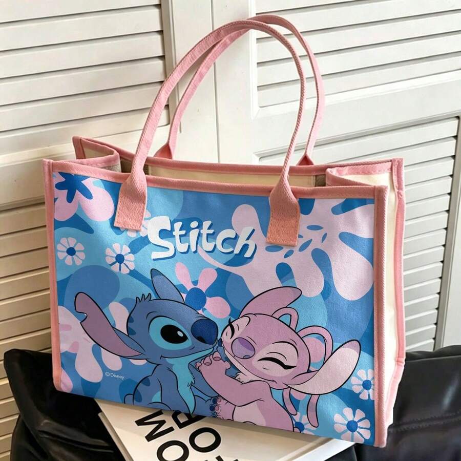 Miniso Túi tote Disney Stitch & Angel, họa tiết hoạt hình dễ thương với viền hồng, túi đeo vai bằng vải canvas dung tích lớn, thích hợp đi mua sắm, đi học, đi làm và du lịch. - Hồng - Xem 1