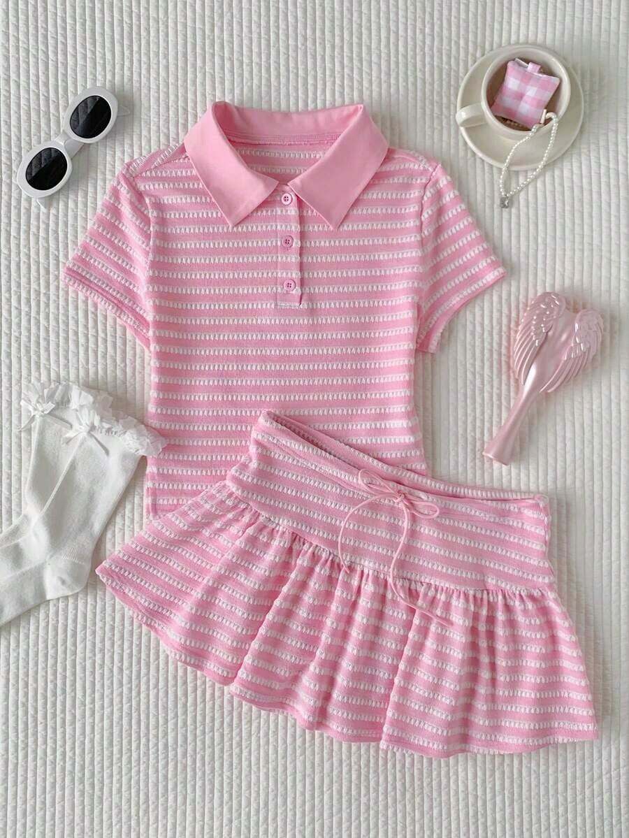 Women's 2-Piece Set Of Striped Short-Sleeved T-Shirt And Casual Summer Mini Skirt - 羅莎 - 查看 1