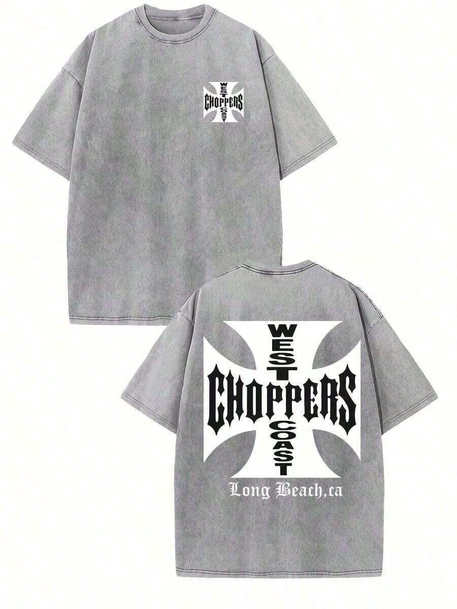 WEST COAST CHOPPERS Men's Retro Streetwear T-Shirt - 230g Washed Cotton, Double-Sided Print, Loose-Fitting Drop-Shoulder Short-Sleeved T-Shirt With A California Long Beach Graphic.Perfect For Casual Summer Wear And As A Gift.High-Quality Fabric, Versatile Printed T-Shirt. - 灰色 - 查看 1