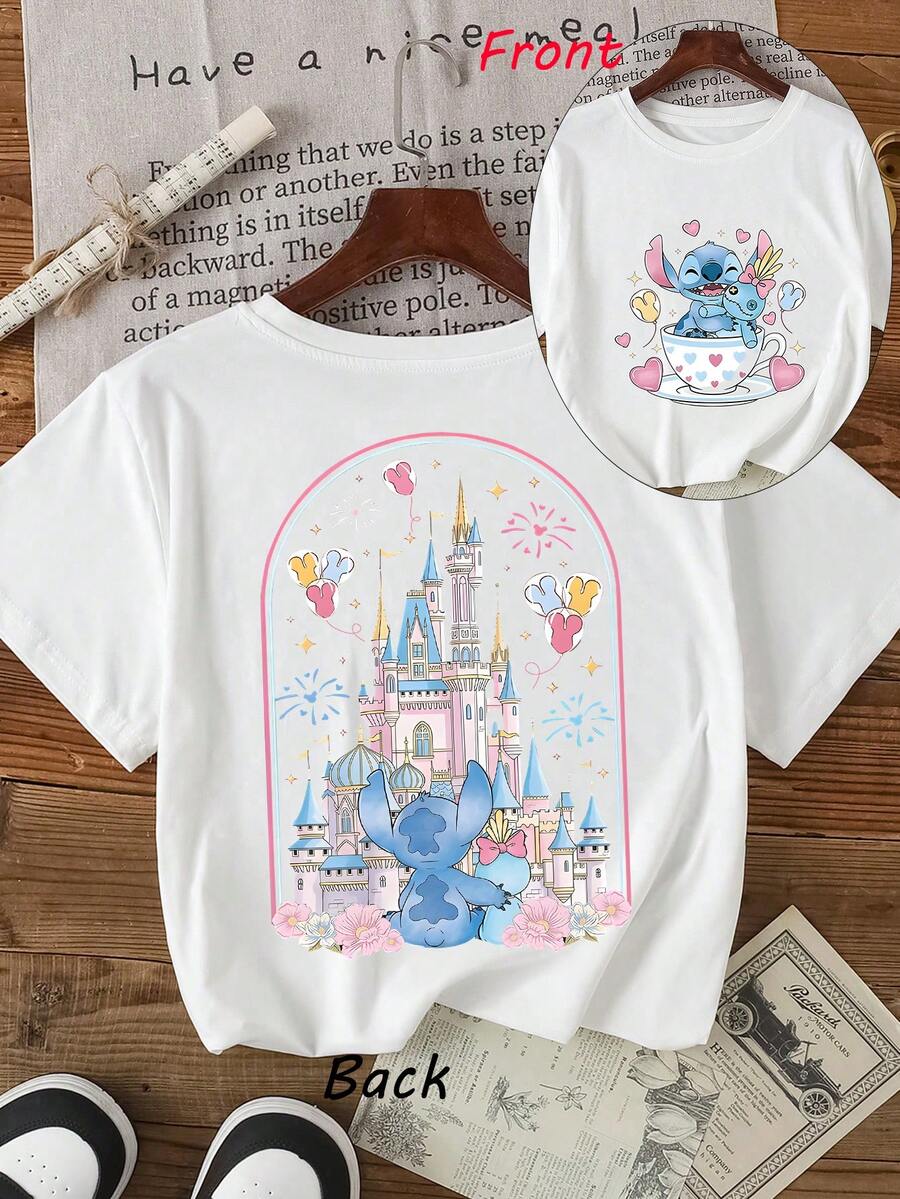 This Girls' Disney *Lilo & Stitch* T-Shirt Features A Double-Sided Print And Is Crafted From Soft, Comfortable Fabric. It Is The Perfect Choice For Girls To Wear While Traveling, Vacationing, Engaging In Outdoor Sports, Or For Everyday Casual Outings-A Stylish And Versatile Top That Is Ideal For Both The Spring And Summer Seasons. - trắng - Xem 1