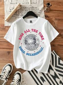 Disco Ball Kiss All The Time Tee.Vintage Graphic Print Casual Cotton Short Sleeve T-Shirt - White - View 1