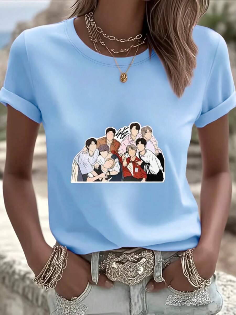 Group Portrait Design In Cartoon Style. Digital Print. Short Sleeves. Unisex. Pure Cotton. Loose And Comfortable. - Blue - View 1