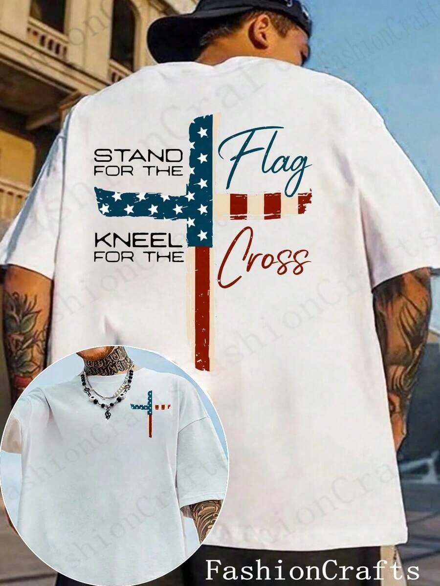 Patriotic Christian Faith T-Shirt, Defend The Flag, Kneel For The Cross, Religious T-Shirt, Cross Design, Men's T-Shirt Showing American Pride, Conservative Christian Cotton Clothing - 白色 - 查看 1