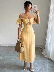 Vestido de estilo callejero elegante de mujer con lunares, hombros descubiertos y abertura en la cintura, ideal para vacaciones de verano - Amarillo - Ver 12