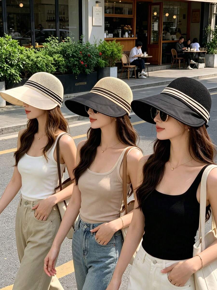 1件女款條紋飾邊鏤空遮陽帽,寬簷防紫外線開頂帽,透氣輕便夏季海灘旅行健行日常遮陽帽 - 黑色 - 查看 1