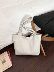 1 pieza Bolso de hombro tipo tote con estampado de letras de pana, adecuado para ir al trabajo, bolso escolar literario y para libros para mujeres o estudiantes, perfecto para libros, compra - Beis 2 - Ver 9