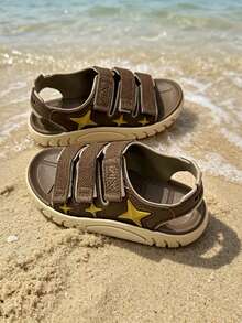 Boys' New Comfortable Hook And Loop Star Decor Children Sandals, Large Size Student Flat Beach Shoes, Suitable For Spring & Summer - Khaki - View 4