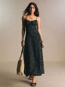 Women's Dress With Spaghetti Straps, Pleated Bust, And Solid Color - Grey - View 5