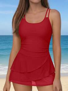 Women Monokini Swim Dress U-Neck Tummy Control Bathing Suit Modest Swimsuits Layered Dresses With Bottom - Red - View 2