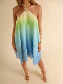 Women's Casual Mini Dress With Spaghetti Straps, Open Back, Ruffles, And An Asymmetrical Hem In A Green Ombré Effect. Perfect For Beach Vacations, Spending Time With Sisters, Or Everyday Wear. A Stylish Green Ombré Mini Dress. - 紫色 - 查看 5