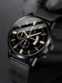 1pc Casual Men's Quartz Watch, Minimalist Round Dial, Metal Mesh Strap, Best Gift For Men, Suitable For Holidays And Daily Wear - Black - View 4