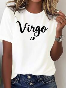 Women's Virgo Zodiac Pattern T-Shirt AF - Red Short Sleeve Crew Neck Top, 100% Comfortable And Casual, With White Cursive Lettering - Virgo Seasonal Garment And Astrology Casual Clothing - Modern Design With Text And Geometric Pattern - Machine Washable For All Seasons - Loose Fit For All Body Types - Personalized Virgo Themed T-Shirt, Virgo Women's T-Shirt. - 白色 - 查看 7
