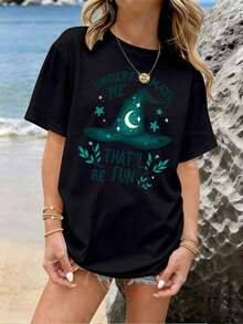 1PSCPlus Size Women's Plus Size Graphic T-Shirt With Witch Hat Print - Slogan "Underestimate My Ability, It'll Be Fun", Short Sleeve, Crew Neck, Casual Summer Style, Spring Blouse Suitable For Easter Gifts, Mother's Day Outfits, And Casual Wear. Classic Cotton Crew Neck T-Shirts With Fashionable Print, Lightweight And Breathable - Unisex Cotton Short Sleeve Crew Neck T-Shirt In Urban Vintage Style. Women's Blouses. Casual Blouses For Ladies. - 黑色 - 查看 2
