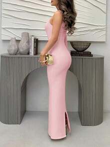 Vestido de graduación elegante de mujer con hombro asimétrico, lazo y abertura con dobladillo dividido en unicolor - Rosa Pálido 2 - Ver 5