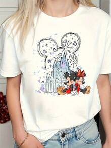 Disney Casual Printed T-Shirt For Women, Black Mickey And Minnie Mouse T-Shirt For Women – Officially Inspired By The Cinderella Castle And The Purple Floral Pattern, Soft Short-Sleeve Round-Neck T-Shirt For Birthday Party Outfits, Casual Wear, 100% Cotton - trắng - Xem 6