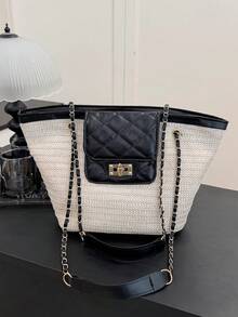 New Straw Shoulder Bag With Chain Strap Tote Bag, European And American Versatile Beach Bucket Bag, Contrast Color Patchwork Rhombus Small Bag (Adjustable Chain Strap, Zipper Closure Small Bag) - Black - View 1