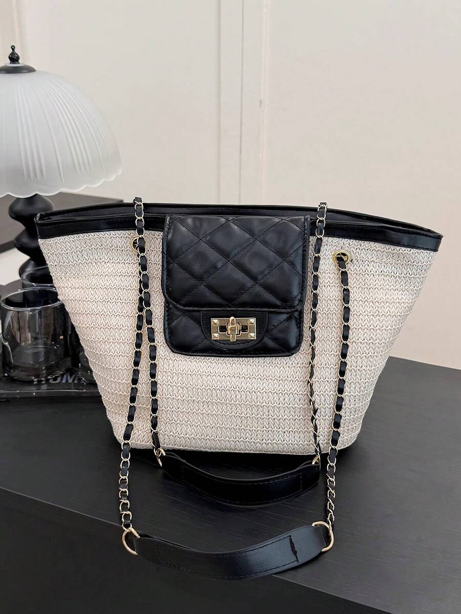New Straw Shoulder Bag With Chain Strap Tote Bag, European And American Versatile Beach Bucket Bag, Contrast Color Patchwork Rhombus Small Bag (Adjustable Chain Strap, Zipper Closure Small Bag) - Black - View 1