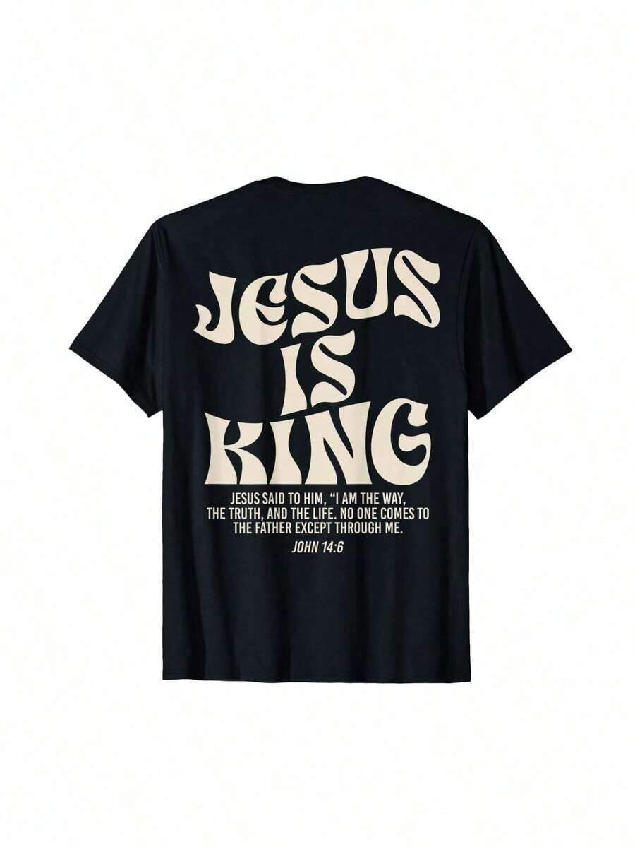 [Free 3-Day Delivery]Jesus Is King Bible Verse John 14:6 Christian Religious God T Shirt Cotton Short Sleeve Tee Shirt - 黑色 - 查看 1