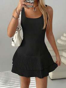 Vestido corto sin mangas de cuello redondo con pliegues de unicolor para mujer - Negro - Ver 12