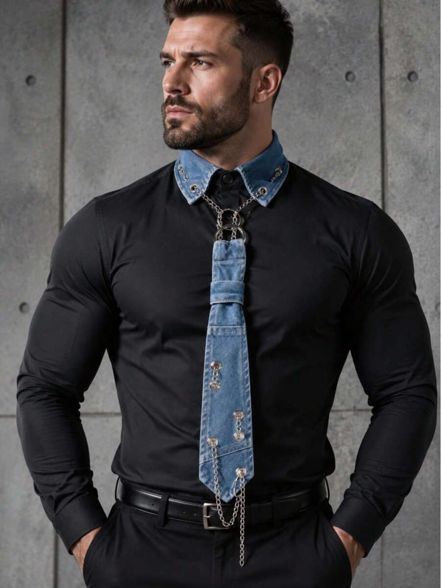 1 pieza Collar de cadena de denim azul estilo retro punk para hombres, collar gargantilla multicapa de metal con remaches y anillo en O personalizado, accesorio de vanguardia gótico callejero - Corbata de eslabones desmontables de mezclilla con cuello de cadena sin nudo - Ver 1
