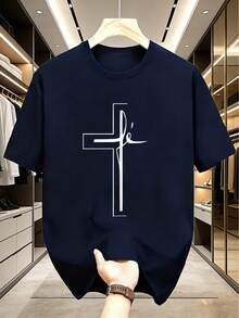 Men's Short Sleeve T-Shirt With Cross Faith Print Design - Modern Style With Regular Crew Neck - Black - View 2