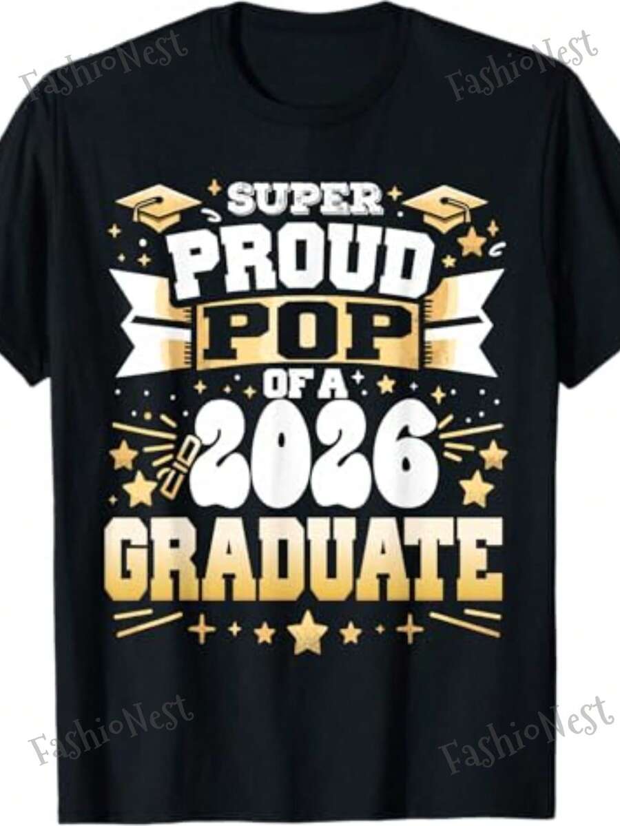 "Proud Grandfather Of A Class Of 2026 Graduate" Graduation T-Shirt, "Proud Grandfather Of A Class Of 2026 Graduate" Graduation T-Shirt, Cool T-Shirt For College Family Members, 100% Casual, Crew Neck, Short Sleeve, Suitable For Both Men And Women, Soft And Breathable, Spring/Summer Comfort, Graduation T-Shirt F - 黑色 - 查看 1