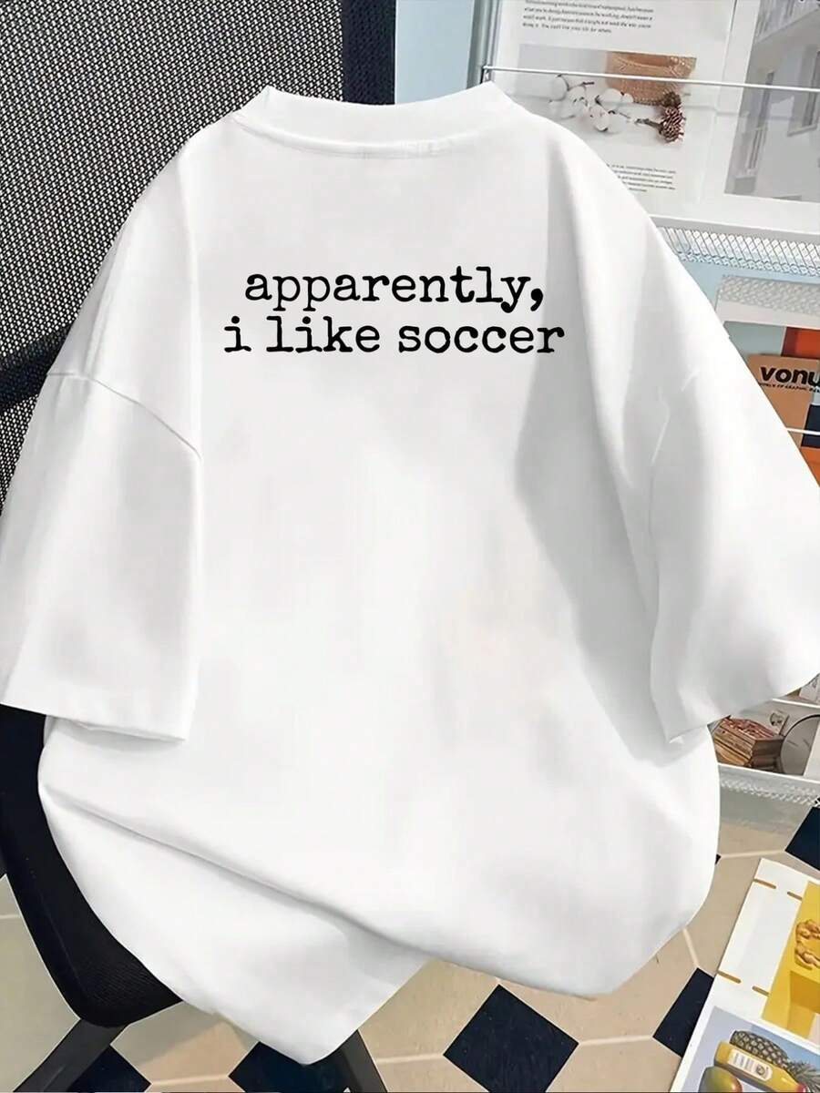 Camiseta estampada de manga corta con diseños en la parte delantera y trasera - Soccer Love, I love football - Camiseta estampada de moda para mujer, de manga corta, adecuada para todas las estaciones, atuendo moderno. - Blanco - Ver 1