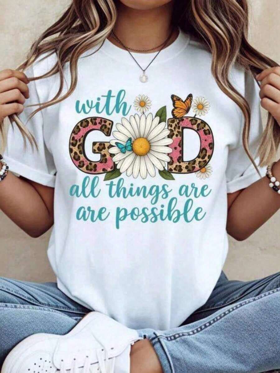 Con Dios Todas las Cosas Son Posibles Camiseta con Estampado Floral de Leopardo para Mujer, Frase Inspiradora Cristiana, Linda Camiseta de Verano Blanca Casual - Rosa - Ver 1