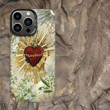 [24h Shipping from MX]1 pieza Fundas para celular anti‑caída con diseño de sagrado corazón rojo con rayos dorados y fondo floral vintage, estilo barroco religioso elegante, compatible con iPhone 17/17 Pro/17 Pro Max/17 Air/16/15/14/13/12/11 Pro/11 Plus/11 Pro Max/XR/X/XS/XS Max y serie S21‑S26, ideal para uso diario y estética gótica chic - Plateado - Ver 2