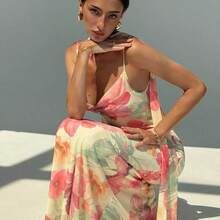 Nuevo vestido con cuello drapeado sexy con espalda descubierta, estampado de malla con flores románticas y tirantes extra largos - Albaricoque - Ver 7